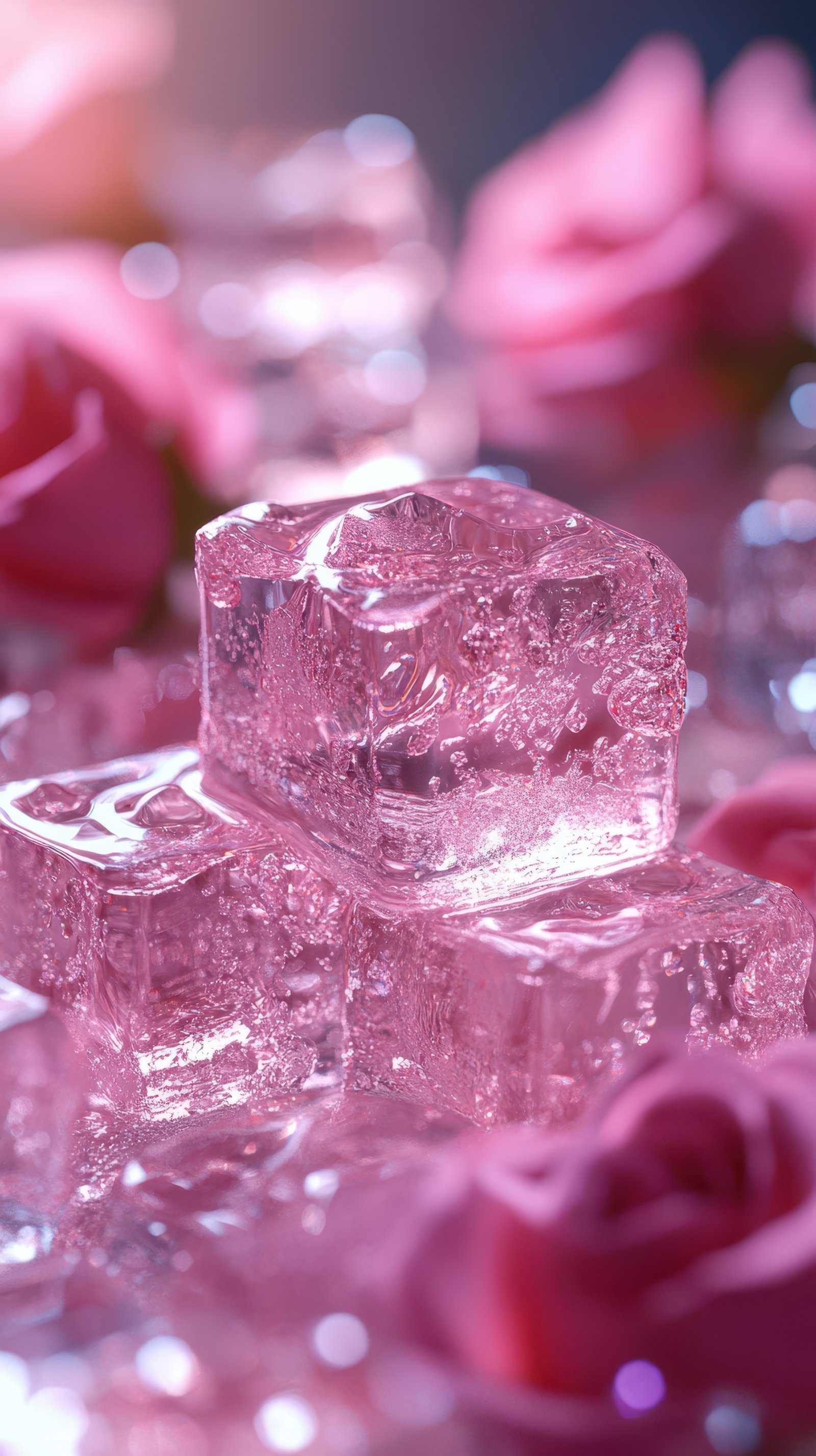 Ice cubes glistening amidst delicate pink roses in a serene, floral arrangement during daylight